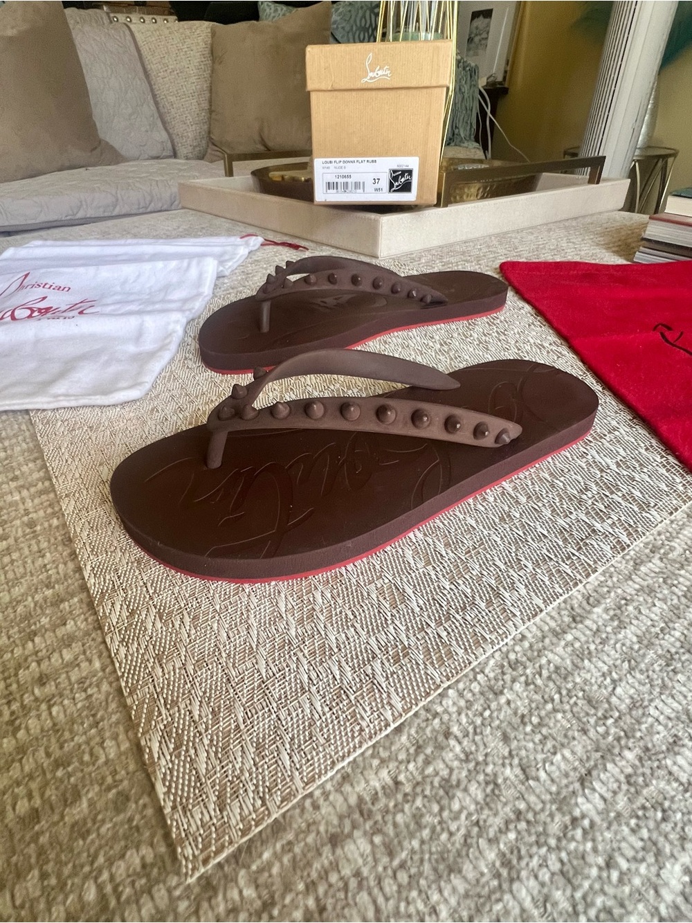 Christian Louboutin Loubi Donna Brown Studded Flip Flop Sandals-Size 37 - Picture 5 of 10
